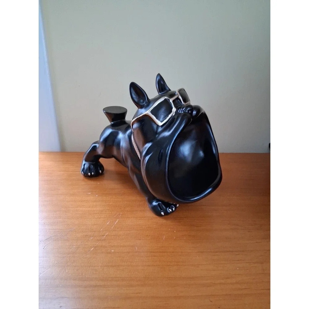 Black and Gold Resin French Bulldog Large Mouth Figurine Bowl Key Holder